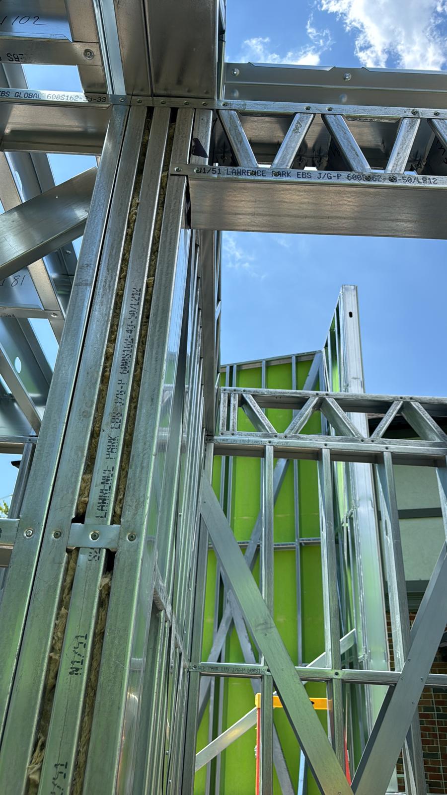 Detail of steel stud framing with mineral wool acoustic insulation
