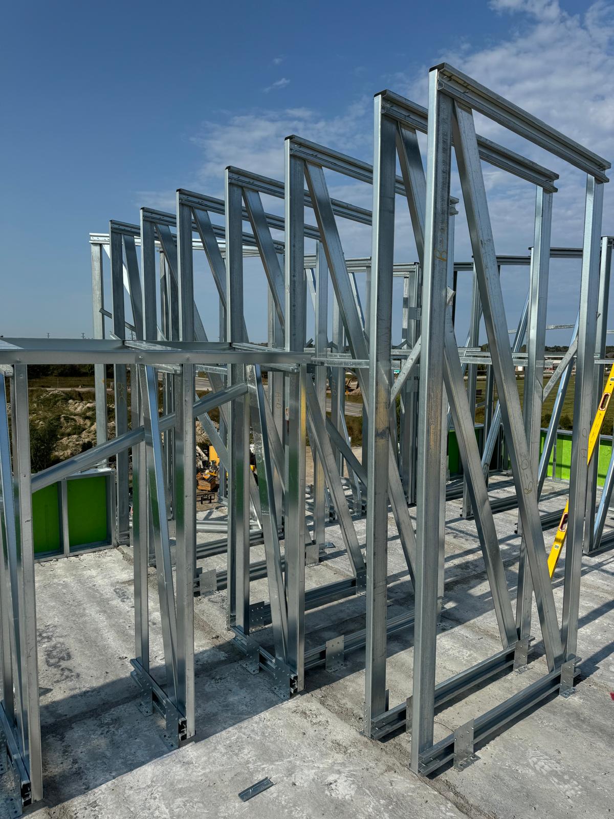 Interior steel framing prepared for drywall and acoustic insulation